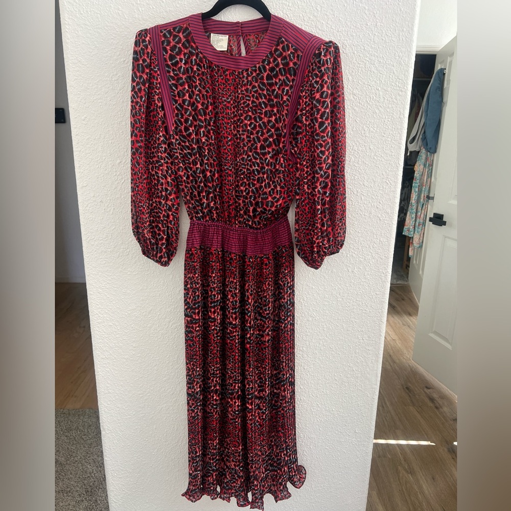 Vintage Red, Gold, Blue Pleated Sundress with 3/4 Bishop Sleeves